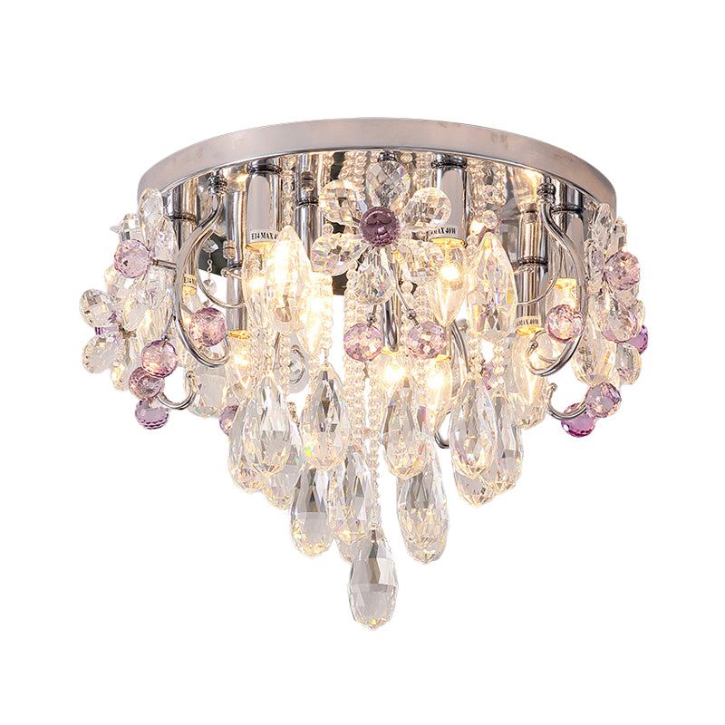 6 Lights Flower Crystal Flush Mount Romantic Modern Chrome Draping Bedroom Ceiling Lamp Clearhalo 'Ceiling Lights' 'Close To Ceiling Lights' 'Close to ceiling' 'Flush mount' Lighting' 791174