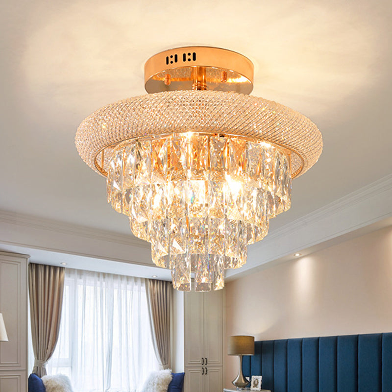 9 Lights Semi Mount Lighting Traditional 5-Layer Prismatic Crystal Ceiling Flush Light Fixture in Gold Gold Clearhalo 'Ceiling Lights' 'Close To Ceiling Lights' 'Close to ceiling' 'Semi-flushmount' Lighting' 791207