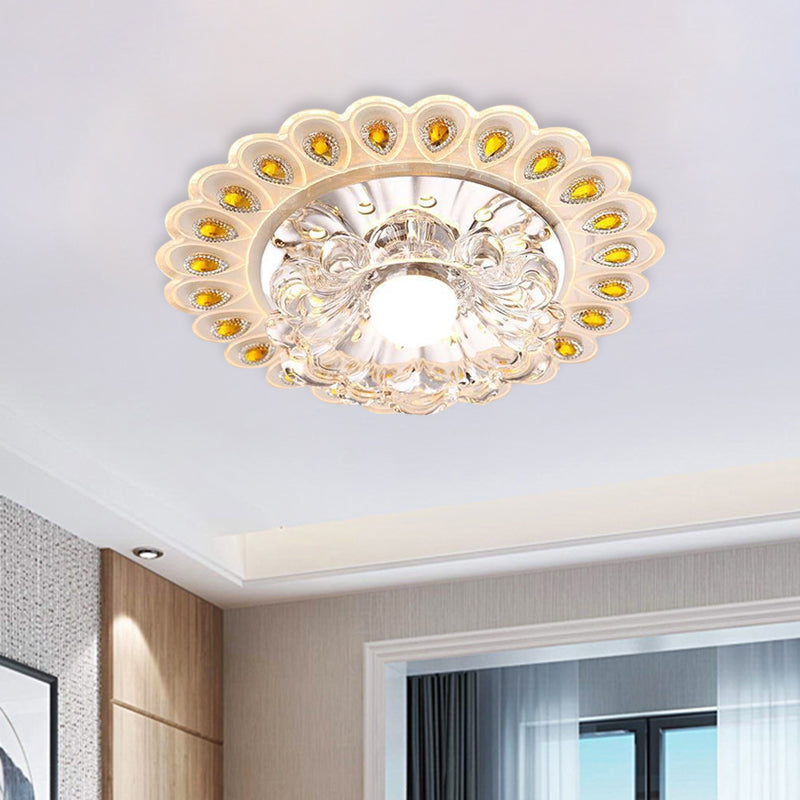 LED Close to Ceiling Lighting Romantic Modern Floral Small Clear Crystal Flush Mount with Peacock Feather Element Clear Clearhalo 'Ceiling Lights' 'Close To Ceiling Lights' 'Close to ceiling' 'Flush mount' Lighting' 791239