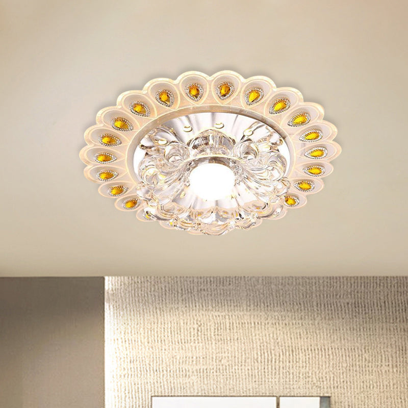 LED Close to Ceiling Lighting Romantic Modern Floral Small Clear Crystal Flush Mount with Peacock Feather Element Clearhalo 'Ceiling Lights' 'Close To Ceiling Lights' 'Close to ceiling' 'Flush mount' Lighting' 791240