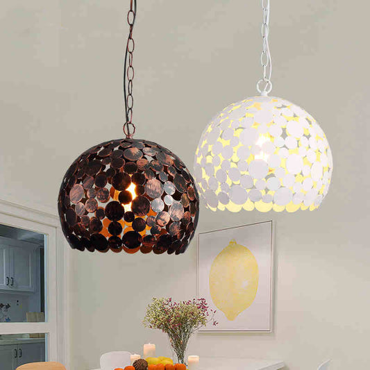 Hollowed Out Dome Iron Hanging Light Modern 1 Bulb Living Room Ceiling Pendant Lamp in Red Brown/White White Clearhalo 'Art Deco Pendants' 'Cast Iron' 'Ceiling Lights' 'Ceramic' 'Crystal' 'Industrial Pendants' 'Industrial' 'Metal' 'Middle Century Pendants' 'Pendant Lights' 'Pendants' 'Tiffany' Lighting' 791298