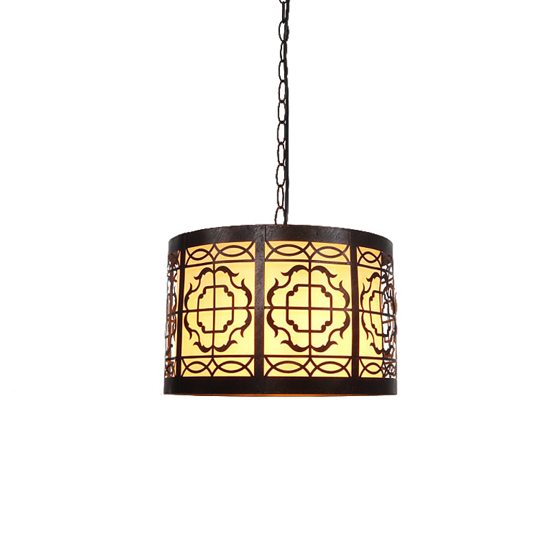 Antiqued Bronze 1-Light Drop Pendant Rustic Metal Cutouts Rose/Scrollwork Drum Shape Hanging Ceiling Light Clearhalo 'Art Deco Pendants' 'Cast Iron' 'Ceiling Lights' 'Ceramic' 'Crystal' 'Industrial Pendants' 'Industrial' 'Metal' 'Middle Century Pendants' 'Pendant Lights' 'Pendants' 'Tiffany' Lighting' 791304