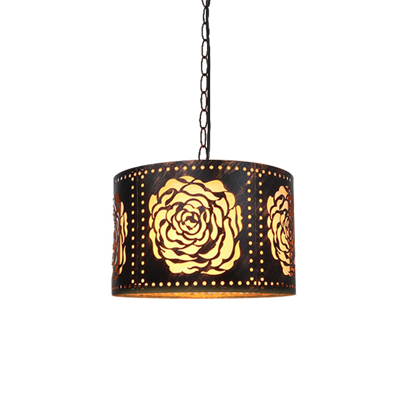 Antiqued Bronze 1-Light Drop Pendant Rustic Metal Cutouts Rose/Scrollwork Drum Shape Hanging Ceiling Light Clearhalo 'Art Deco Pendants' 'Cast Iron' 'Ceiling Lights' 'Ceramic' 'Crystal' 'Industrial Pendants' 'Industrial' 'Metal' 'Middle Century Pendants' 'Pendant Lights' 'Pendants' 'Tiffany' Lighting' 791308