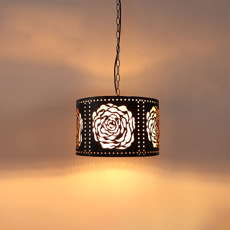 Antiqued Bronze 1-Light Drop Pendant Rustic Metal Cutouts Rose/Scrollwork Drum Shape Hanging Ceiling Light Clearhalo 'Art Deco Pendants' 'Cast Iron' 'Ceiling Lights' 'Ceramic' 'Crystal' 'Industrial Pendants' 'Industrial' 'Metal' 'Middle Century Pendants' 'Pendant Lights' 'Pendants' 'Tiffany' Lighting' 791309