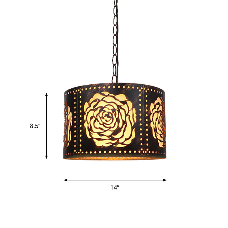 Antiqued Bronze 1-Light Drop Pendant Rustic Metal Cutouts Rose/Scrollwork Drum Shape Hanging Ceiling Light Clearhalo 'Art Deco Pendants' 'Cast Iron' 'Ceiling Lights' 'Ceramic' 'Crystal' 'Industrial Pendants' 'Industrial' 'Metal' 'Middle Century Pendants' 'Pendant Lights' 'Pendants' 'Tiffany' Lighting' 791310