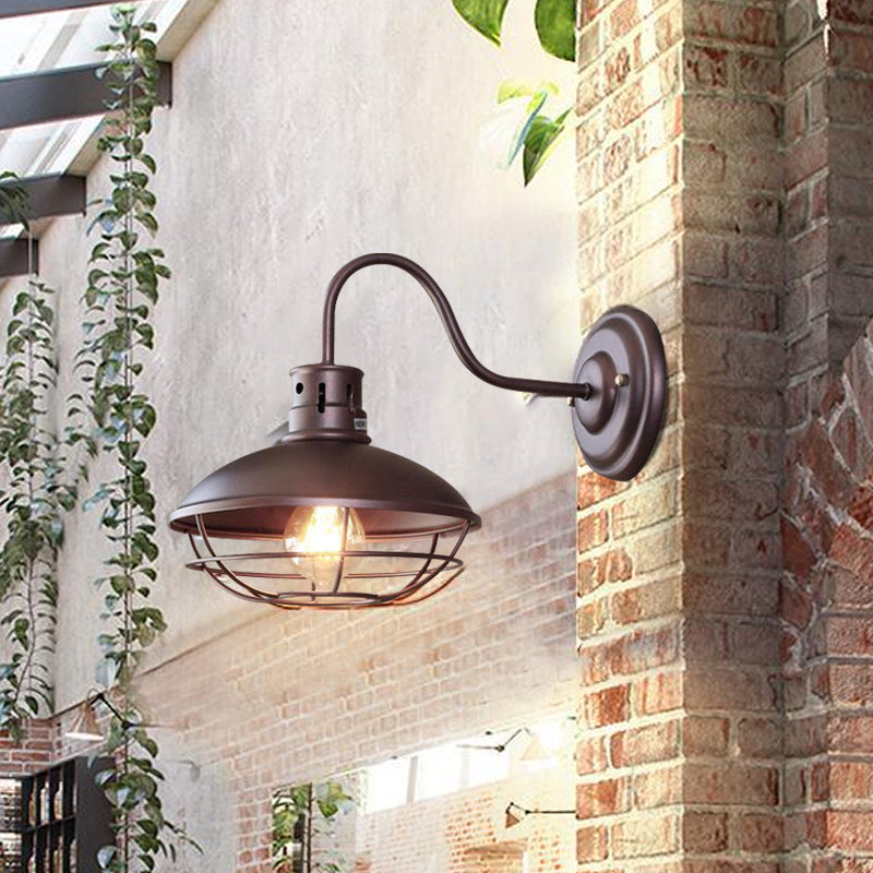 Wide Bowl Iron Wall Lamp Industrial Style 1-Light Bistro Sconce Wall Light with Bottom Wire Cage in Black/Coffee Clearhalo 'Art deco wall lights' 'Cast Iron' 'Glass' 'Industrial wall lights' 'Industrial' 'Middle century wall lights' 'Modern' 'Rustic wall lights' 'Tiffany' 'Traditional wall lights' 'Wall Lamps & Sconces' 'Wall Lights' Lighting' 791382