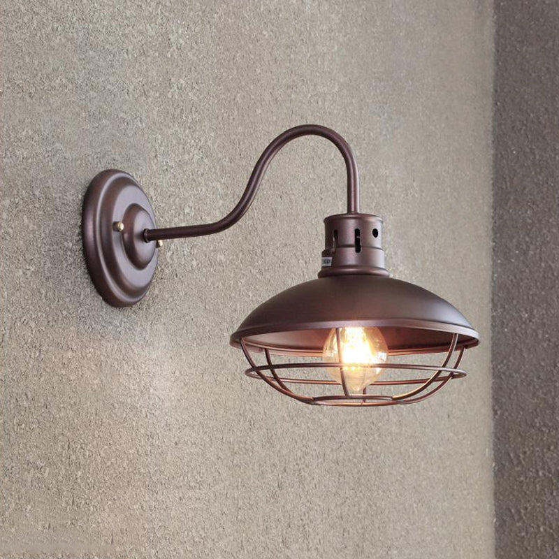 Wide Bowl Iron Wall Lamp Industrial Style 1-Light Bistro Sconce Wall Light with Bottom Wire Cage in Black/Coffee Clearhalo 'Art deco wall lights' 'Cast Iron' 'Glass' 'Industrial wall lights' 'Industrial' 'Middle century wall lights' 'Modern' 'Rustic wall lights' 'Tiffany' 'Traditional wall lights' 'Wall Lamps & Sconces' 'Wall Lights' Lighting' 791383