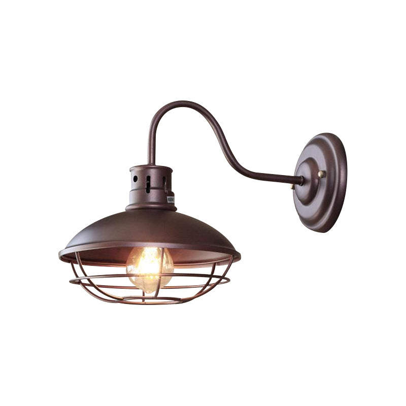 Wide Bowl Iron Wall Lamp Industrial Style 1-Light Bistro Sconce Wall Light with Bottom Wire Cage in Black/Coffee Clearhalo 'Art deco wall lights' 'Cast Iron' 'Glass' 'Industrial wall lights' 'Industrial' 'Middle century wall lights' 'Modern' 'Rustic wall lights' 'Tiffany' 'Traditional wall lights' 'Wall Lamps & Sconces' 'Wall Lights' Lighting' 791384