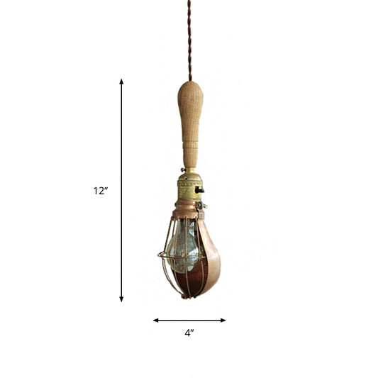 Rustic Bulb Shaped Mini Hanging Light 1 Head Wood Down Lighting Pendant with Cage Guard Clearhalo 'Ceiling Lights' 'Industrial Pendants' 'Industrial' 'Middle Century Pendants' 'Pendant Lights' 'Pendants' 'Tiffany' Lighting' 791404
