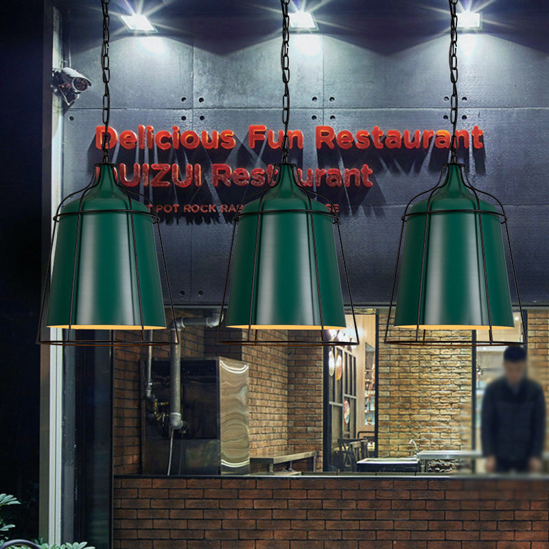 Dark Green 1 Bulb Hanging Pendant Industrial-Style Aluminum Tapered Suspension Lighting with Wire Cage Clearhalo 'Art Deco Pendants' 'Cast Iron' 'Ceiling Lights' 'Ceramic' 'Crystal' 'Industrial Pendants' 'Industrial' 'Metal' 'Middle Century Pendants' 'Pendant Lights' 'Pendants' 'Tiffany' Lighting' 791461