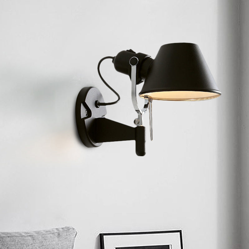 Metal Truncated Cone Task Wall Sconce Industrial Single Bedside Wall Mount Light with Adjustable Arm in Black/Silver Black Clearhalo 'Art deco wall lights' 'Cast Iron' 'Glass' 'Industrial wall lights' 'Industrial' 'Middle century wall lights' 'Modern' 'Rustic wall lights' 'Tiffany' 'Traditional wall lights' 'Wall Lamps & Sconces' 'Wall Lights' Lighting' 791540
