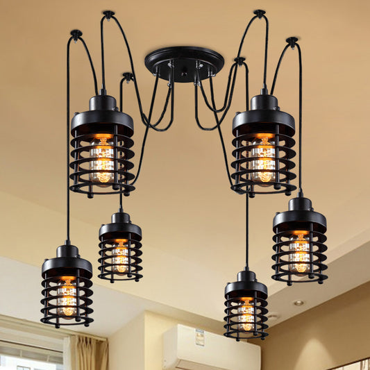 Factory Lantern Swag Pendant Light 6 Heads Metal Multi Hanging Light in Black for Living Room Black Clearhalo 'Art Deco Pendants' 'Black' 'Cast Iron' 'Ceiling Lights' 'Ceramic' 'Crystal' 'Industrial Pendants' 'Industrial' 'Metal' 'Middle Century Pendants' 'Pendant Lights' 'Pendants' 'Rustic Pendants' 'Tiffany' Lighting' 791612