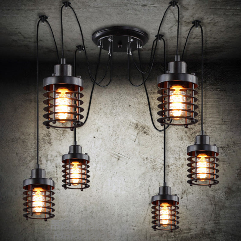 Factory Lantern Swag Pendant Light 6 Heads Metal Multi Hanging Light in Black for Living Room Clearhalo 'Art Deco Pendants' 'Black' 'Cast Iron' 'Ceiling Lights' 'Ceramic' 'Crystal' 'Industrial Pendants' 'Industrial' 'Metal' 'Middle Century Pendants' 'Pendant Lights' 'Pendants' 'Rustic Pendants' 'Tiffany' Lighting' 791613