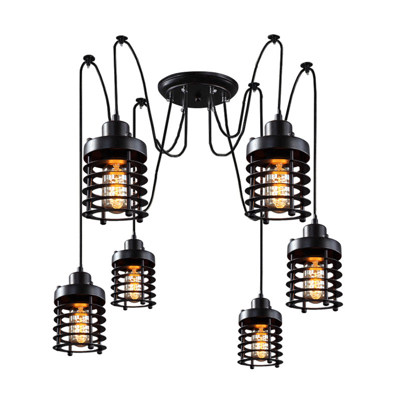 Factory Lantern Swag Pendant Light 6 Heads Metal Multi Hanging Light in Black for Living Room Clearhalo 'Art Deco Pendants' 'Black' 'Cast Iron' 'Ceiling Lights' 'Ceramic' 'Crystal' 'Industrial Pendants' 'Industrial' 'Metal' 'Middle Century Pendants' 'Pendant Lights' 'Pendants' 'Rustic Pendants' 'Tiffany' Lighting' 791614