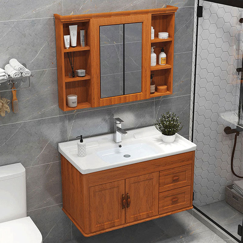 Wall Mount Mirror Included Sink Vanity with Faucet for Bathroom Vanity & Faucet & Mirror Cabinet 40"L x 19"W x 20"H Brown Clearhalo 'Bathroom Remodel & Bathroom Fixtures' 'Bathroom Vanities' 'bathroom_vanities' 'Home Improvement' 'home_improvement' 'home_improvement_bathroom_vanities' 7916608