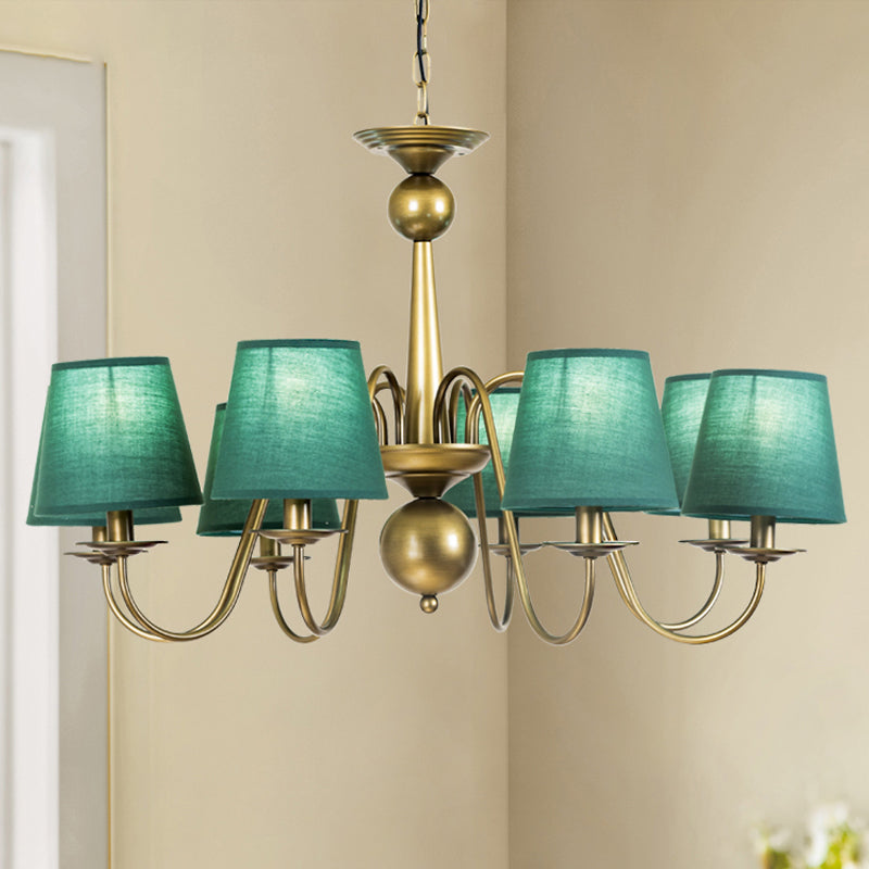 8-Bulb Tapered Chandelier Light Fixture Country Coffee/Yellow/Dark Green Fabric Down Lighting with Swooping Arm Clearhalo 'Ceiling Lights' 'Chandeliers' Lighting' options 794693