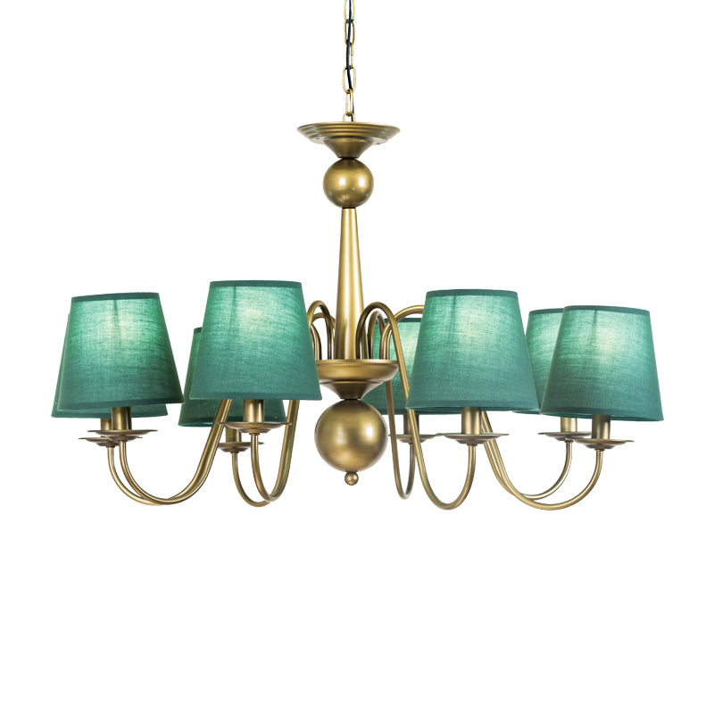 8-Bulb Tapered Chandelier Light Fixture Country Coffee/Yellow/Dark Green Fabric Down Lighting with Swooping Arm Clearhalo 'Ceiling Lights' 'Chandeliers' Lighting' options 794694