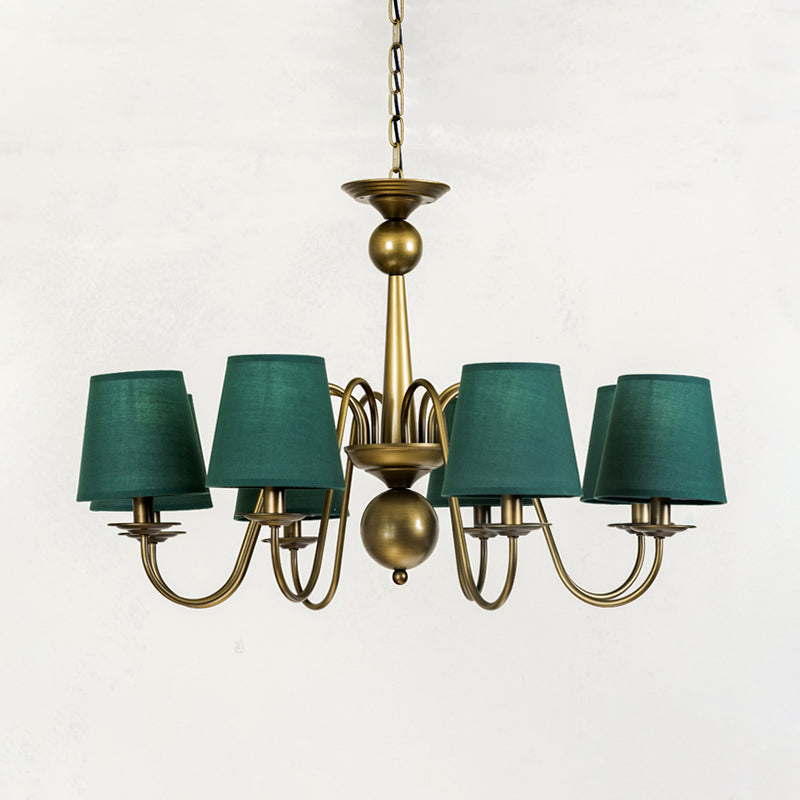 8-Bulb Tapered Chandelier Light Fixture Country Coffee/Yellow/Dark Green Fabric Down Lighting with Swooping Arm Clearhalo 'Ceiling Lights' 'Chandeliers' Lighting' options 794695