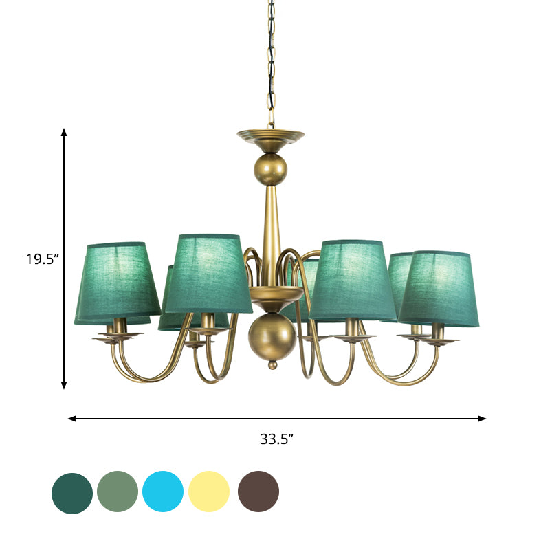 8-Bulb Tapered Chandelier Light Fixture Country Coffee/Yellow/Dark Green Fabric Down Lighting with Swooping Arm Clearhalo 'Ceiling Lights' 'Chandeliers' Lighting' options 794696