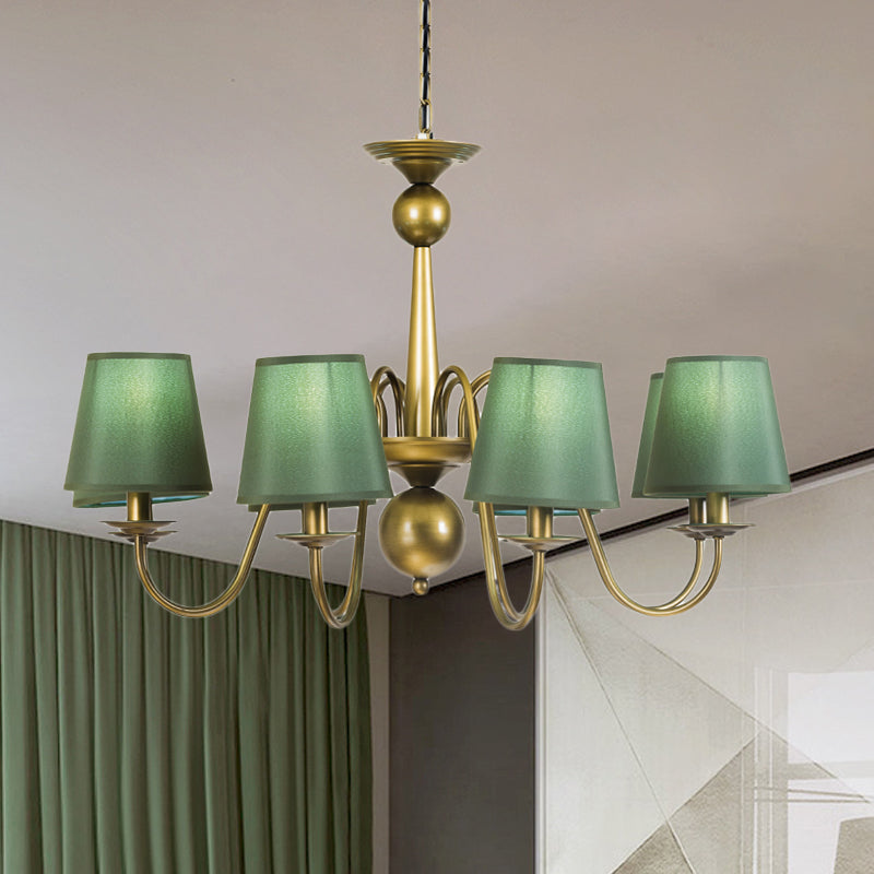 8-Bulb Tapered Chandelier Light Fixture Country Coffee/Yellow/Dark Green Fabric Down Lighting with Swooping Arm Clearhalo 'Ceiling Lights' 'Chandeliers' Lighting' options 794697