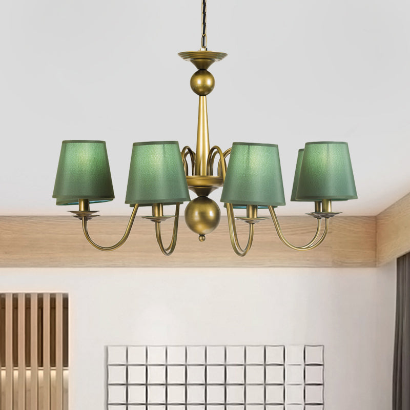 8-Bulb Tapered Chandelier Light Fixture Country Coffee/Yellow/Dark Green Fabric Down Lighting with Swooping Arm Clearhalo 'Ceiling Lights' 'Chandeliers' Lighting' options 794698