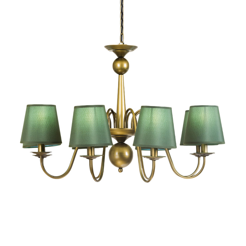 8-Bulb Tapered Chandelier Light Fixture Country Coffee/Yellow/Dark Green Fabric Down Lighting with Swooping Arm Clearhalo 'Ceiling Lights' 'Chandeliers' Lighting' options 794699