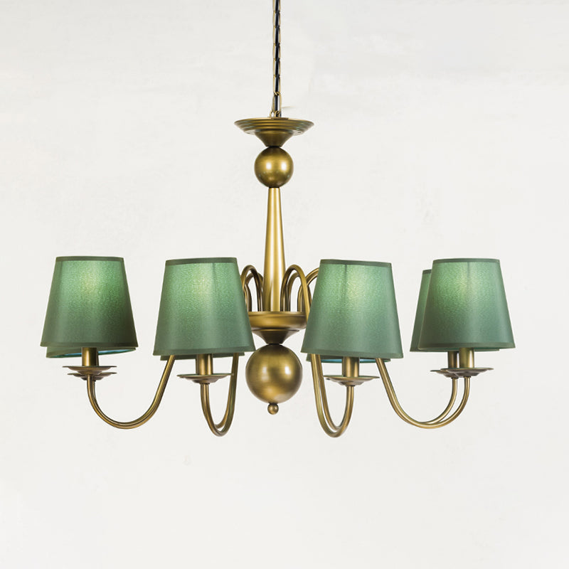 8-Bulb Tapered Chandelier Light Fixture Country Coffee/Yellow/Dark Green Fabric Down Lighting with Swooping Arm Clearhalo 'Ceiling Lights' 'Chandeliers' Lighting' options 794700