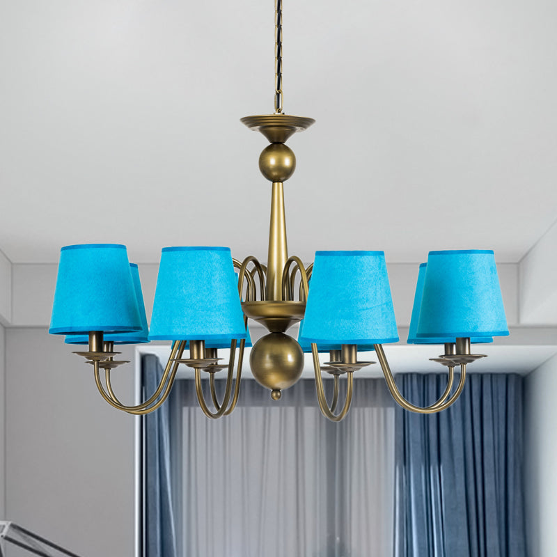 8-Bulb Tapered Chandelier Light Fixture Country Coffee/Yellow/Dark Green Fabric Down Lighting with Swooping Arm Clearhalo 'Ceiling Lights' 'Chandeliers' Lighting' options 794701