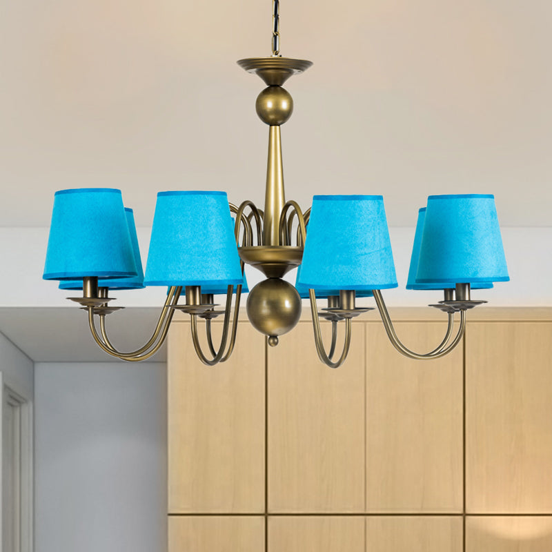 8-Bulb Tapered Chandelier Light Fixture Country Coffee/Yellow/Dark Green Fabric Down Lighting with Swooping Arm Clearhalo 'Ceiling Lights' 'Chandeliers' Lighting' options 794702