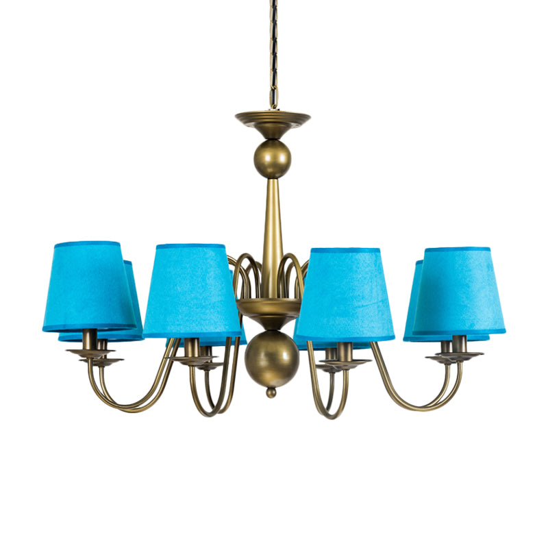 8-Bulb Tapered Chandelier Light Fixture Country Coffee/Yellow/Dark Green Fabric Down Lighting with Swooping Arm Clearhalo 'Ceiling Lights' 'Chandeliers' Lighting' options 794703