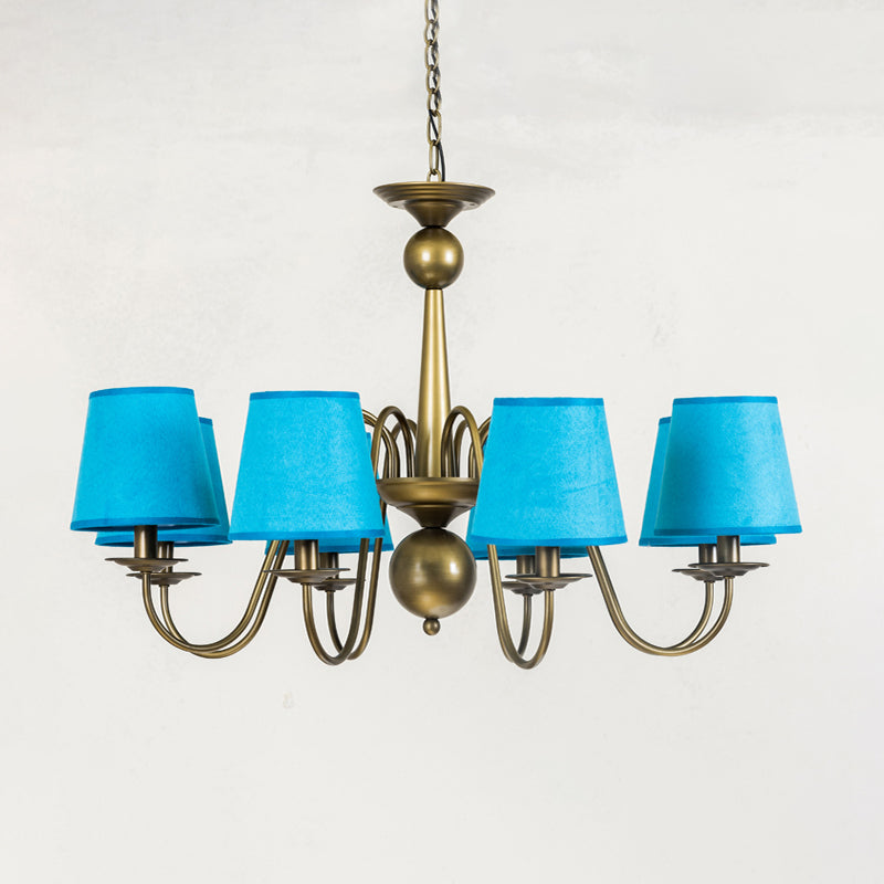 8-Bulb Tapered Chandelier Light Fixture Country Coffee/Yellow/Dark Green Fabric Down Lighting with Swooping Arm Clearhalo 'Ceiling Lights' 'Chandeliers' Lighting' options 794704