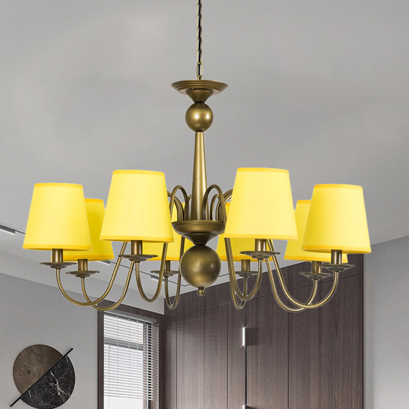 8-Bulb Tapered Chandelier Light Fixture Country Coffee/Yellow/Dark Green Fabric Down Lighting with Swooping Arm Clearhalo 'Ceiling Lights' 'Chandeliers' Lighting' options 794705