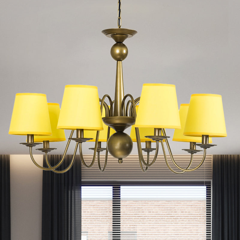 8-Bulb Tapered Chandelier Light Fixture Country Coffee/Yellow/Dark Green Fabric Down Lighting with Swooping Arm Clearhalo 'Ceiling Lights' 'Chandeliers' Lighting' options 794706