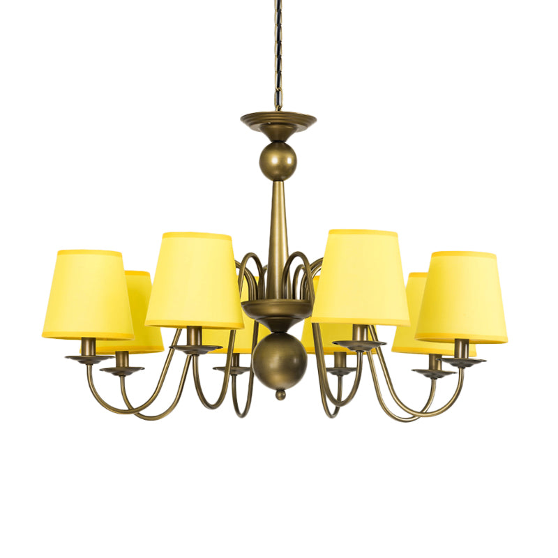 8-Bulb Tapered Chandelier Light Fixture Country Coffee/Yellow/Dark Green Fabric Down Lighting with Swooping Arm Clearhalo 'Ceiling Lights' 'Chandeliers' Lighting' options 794707