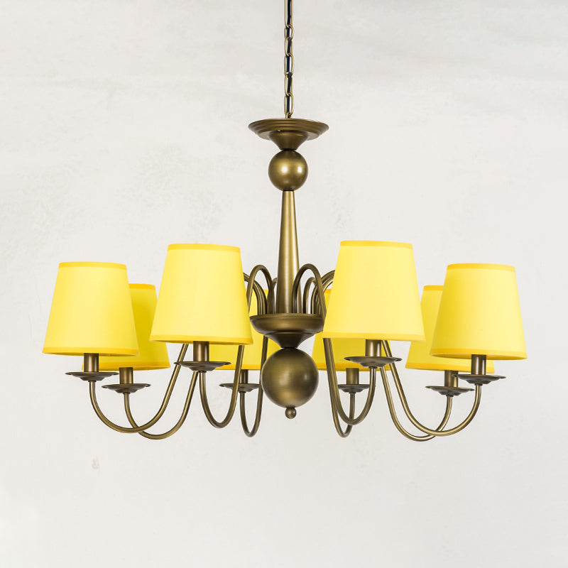 8-Bulb Tapered Chandelier Light Fixture Country Coffee/Yellow/Dark Green Fabric Down Lighting with Swooping Arm Clearhalo 'Ceiling Lights' 'Chandeliers' Lighting' options 794708