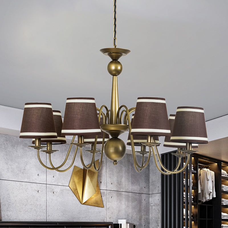 8-Bulb Tapered Chandelier Light Fixture Country Coffee/Yellow/Dark Green Fabric Down Lighting with Swooping Arm Clearhalo 'Ceiling Lights' 'Chandeliers' Lighting' options 794709