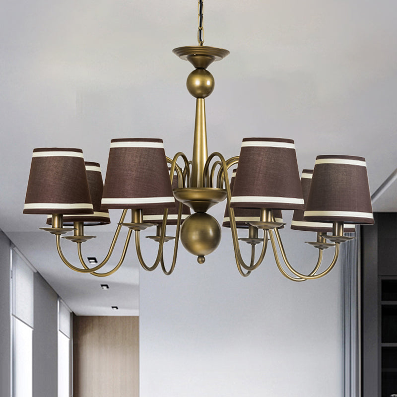 8-Bulb Tapered Chandelier Light Fixture Country Coffee/Yellow/Dark Green Fabric Down Lighting with Swooping Arm Clearhalo 'Ceiling Lights' 'Chandeliers' Lighting' options 794710