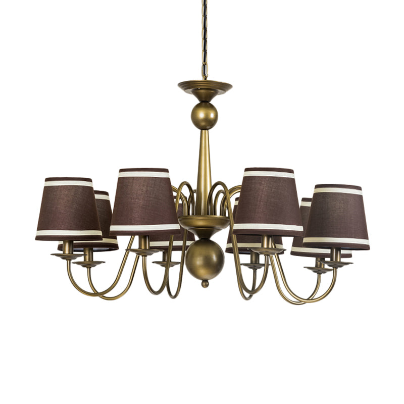 8-Bulb Tapered Chandelier Light Fixture Country Coffee/Yellow/Dark Green Fabric Down Lighting with Swooping Arm Clearhalo 'Ceiling Lights' 'Chandeliers' Lighting' options 794711