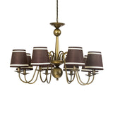 8-Bulb Tapered Chandelier Light Fixture Country Coffee/Yellow/Dark Green Fabric Down Lighting with Swooping Arm Clearhalo 'Ceiling Lights' 'Chandeliers' Lighting' options 794711