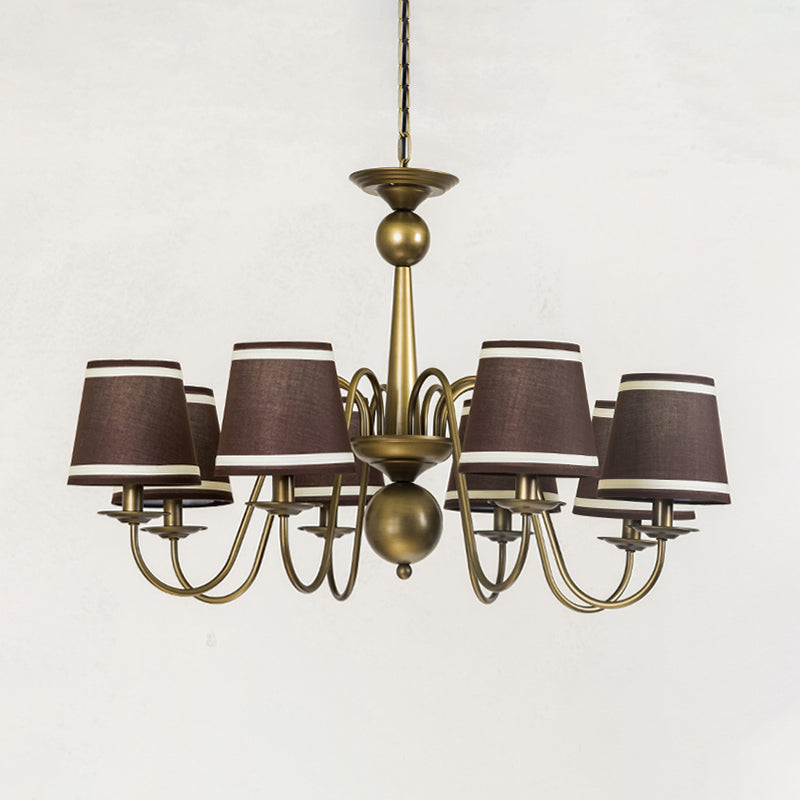 8-Bulb Tapered Chandelier Light Fixture Country Coffee/Yellow/Dark Green Fabric Down Lighting with Swooping Arm Clearhalo 'Ceiling Lights' 'Chandeliers' Lighting' options 794712