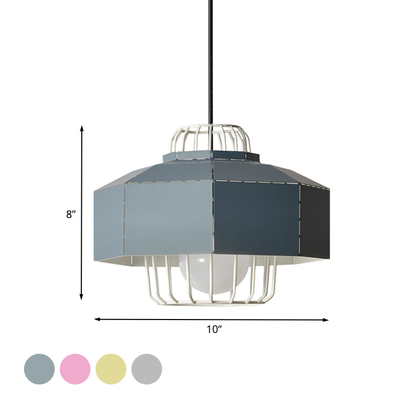 Laser Cut Ceiling Hanging Lantern Macaron Iron 1 Bulb Grey/Blue/Pink Pendant Light with Wire Cage Insert Clearhalo 'Ceiling Lights' 'Pendant Lights' 'Pendants' Lighting' 794729