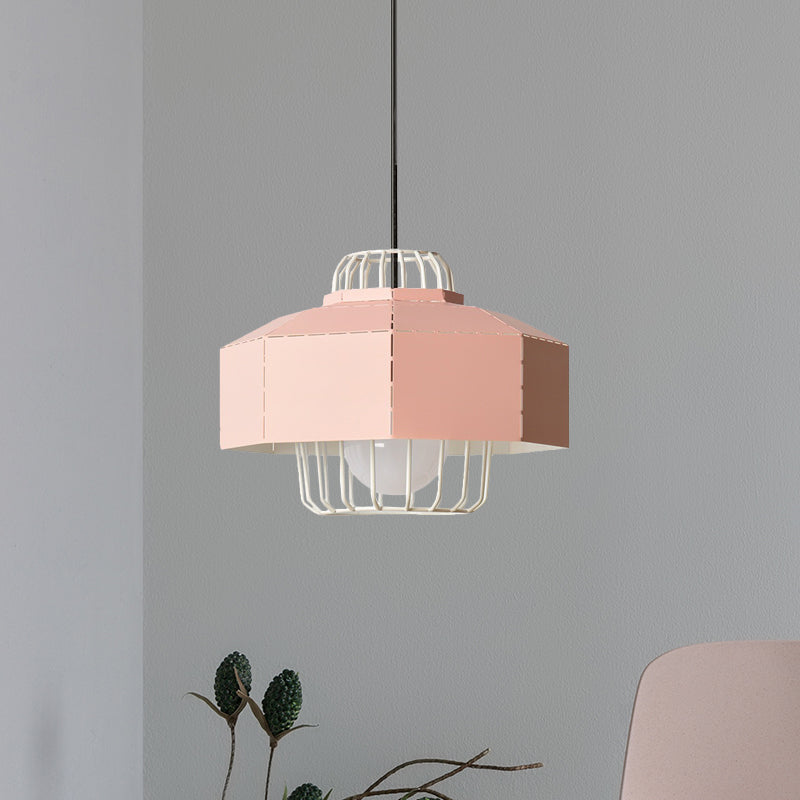 Laser Cut Ceiling Hanging Lantern Macaron Iron 1 Bulb Grey/Blue/Pink Pendant Light with Wire Cage Insert Clearhalo 'Ceiling Lights' 'Pendant Lights' 'Pendants' Lighting' 794730