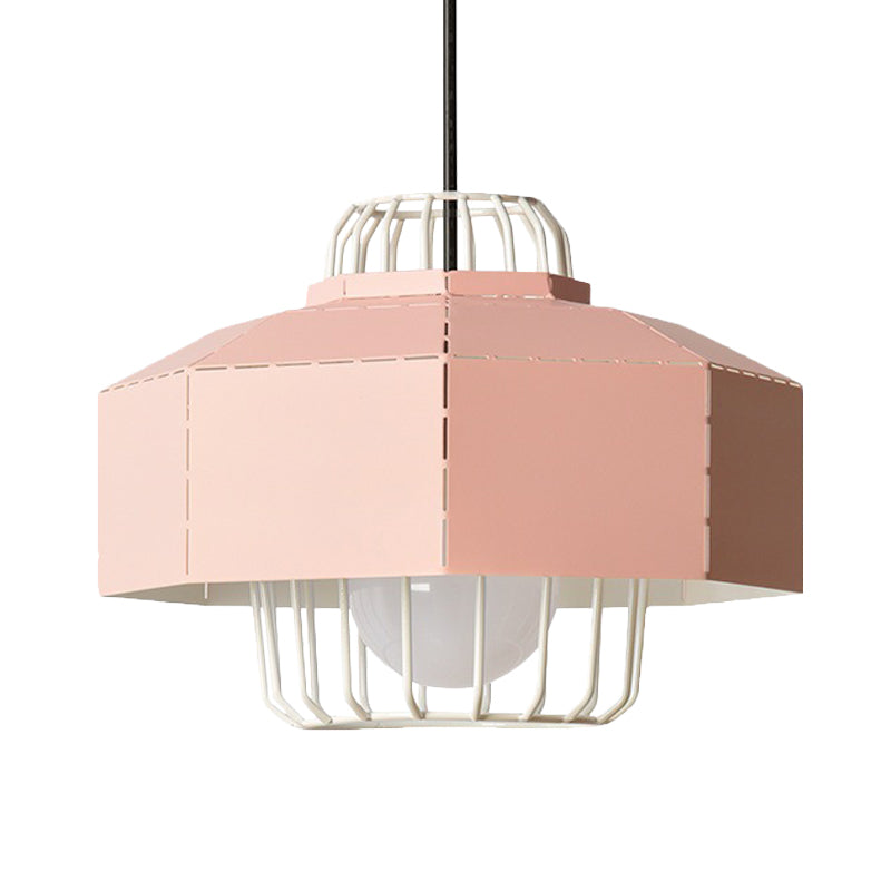 Laser Cut Ceiling Hanging Lantern Macaron Iron 1 Bulb Grey/Blue/Pink Pendant Light with Wire Cage Insert Clearhalo 'Ceiling Lights' 'Pendant Lights' 'Pendants' Lighting' 794732