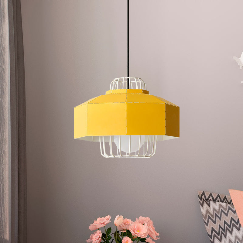 Laser Cut Ceiling Hanging Lantern Macaron Iron 1 Bulb Grey/Blue/Pink Pendant Light with Wire Cage Insert Clearhalo 'Ceiling Lights' 'Pendant Lights' 'Pendants' Lighting' 794733