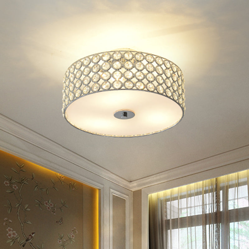 Crystal Drum Ceiling Flush Light Contemporary 3 Lights White Bedroom Flush Mount Lamp Clearhalo 'Ceiling Lights' 'Close To Ceiling Lights' 'Close to ceiling' 'Flush mount' Lighting' 796686