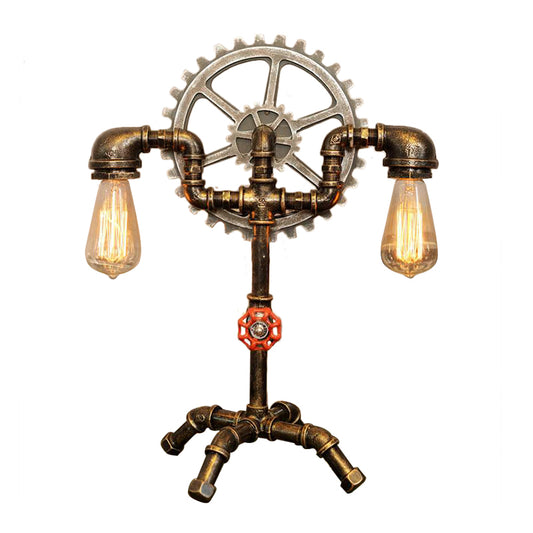 2 Lights Table Lighting with Water Pipe and Gear Wrought Iron Bedroom Standing Light in Antique Brass Clearhalo 'Lamps' 'Table Lamps' Lighting' 796950