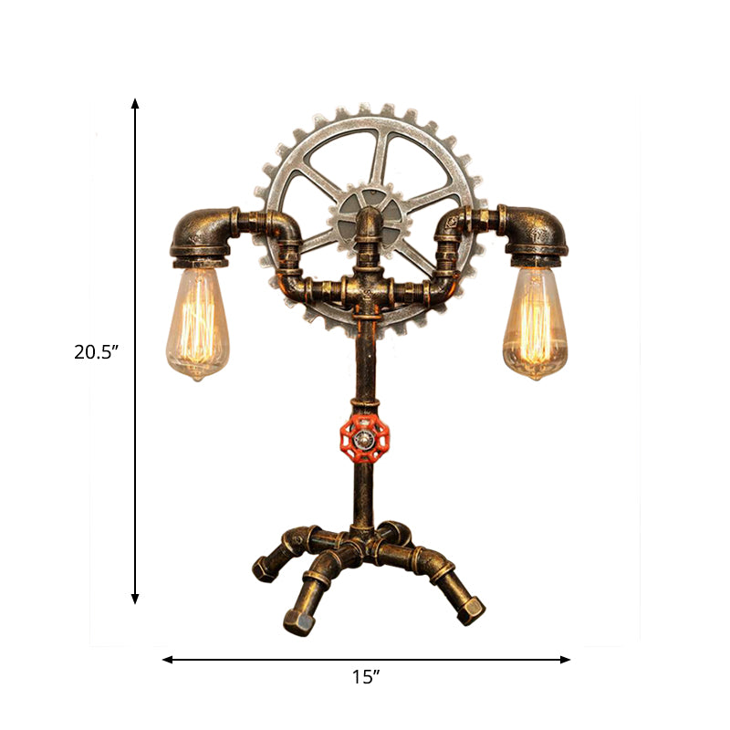 2 Lights Table Lighting with Water Pipe and Gear Wrought Iron Bedroom Standing Light in Antique Brass Clearhalo 'Lamps' 'Table Lamps' Lighting' 796951