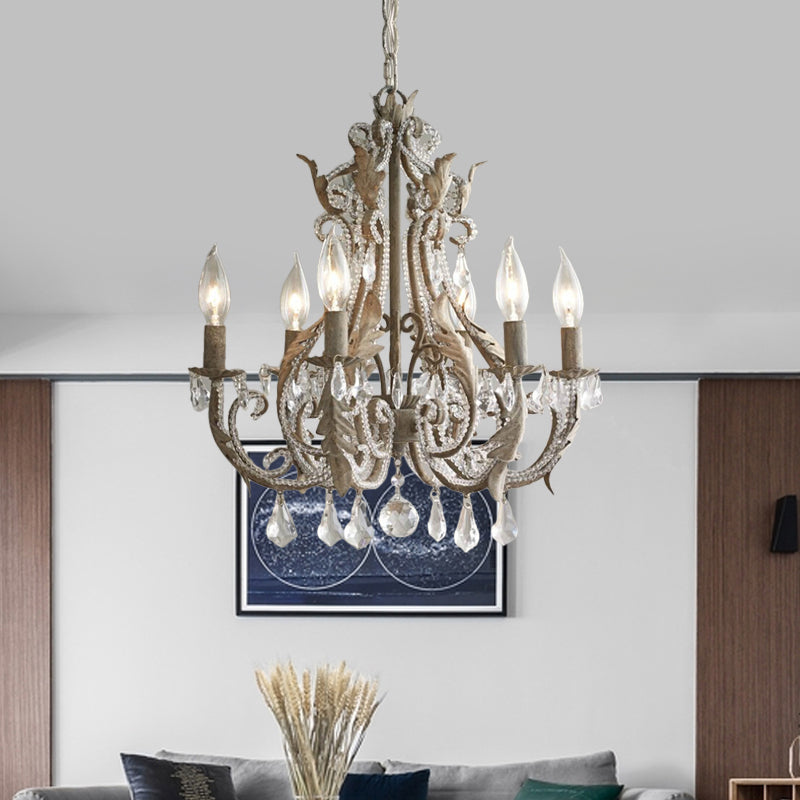 French Country Candle Chandelier 6 Lights Crystal Wrapped Hanging Light in Antiqued Grey Grey Clearhalo 'Ceiling Lights' 'Chandeliers' 'Modern Chandeliers' 'Modern' Lighting' 798237