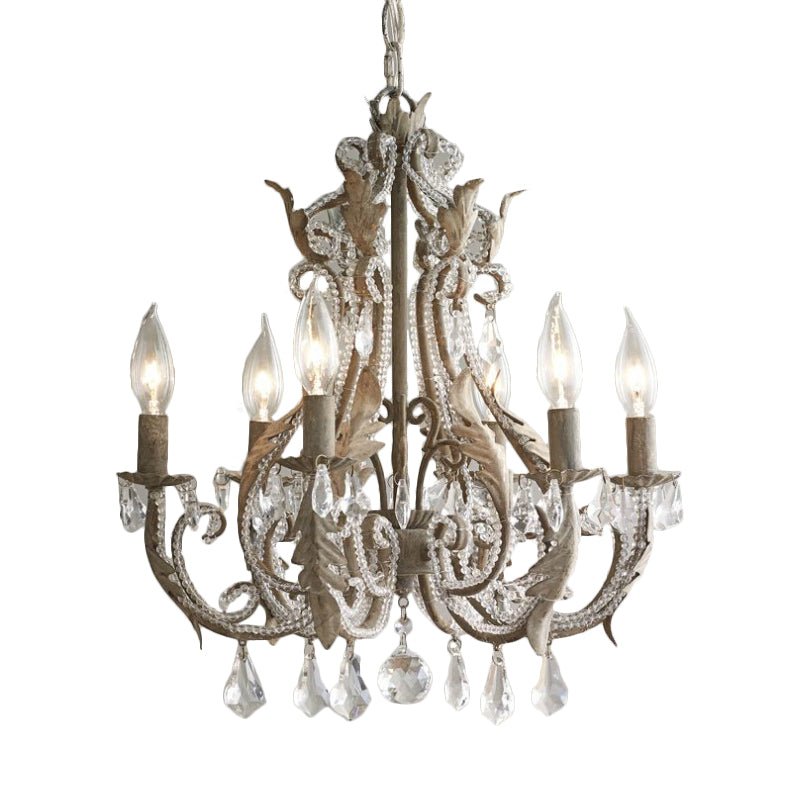 French Country Candle Chandelier 6 Lights Crystal Wrapped Hanging Light in Antiqued Grey Clearhalo 'Ceiling Lights' 'Chandeliers' 'Modern Chandeliers' 'Modern' Lighting' 798238