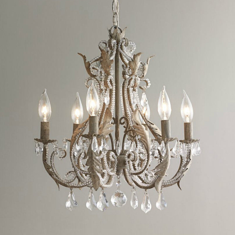 French Country Candle Chandelier 6 Lights Crystal Wrapped Hanging Light in Antiqued Grey Clearhalo 'Ceiling Lights' 'Chandeliers' 'Modern Chandeliers' 'Modern' Lighting' 798239